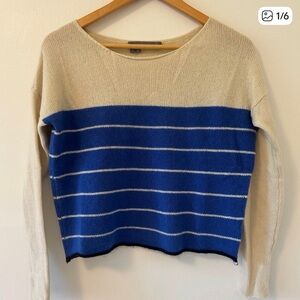 360 Cashmere Blue and Cream Striped Women's Sweater, boat neck